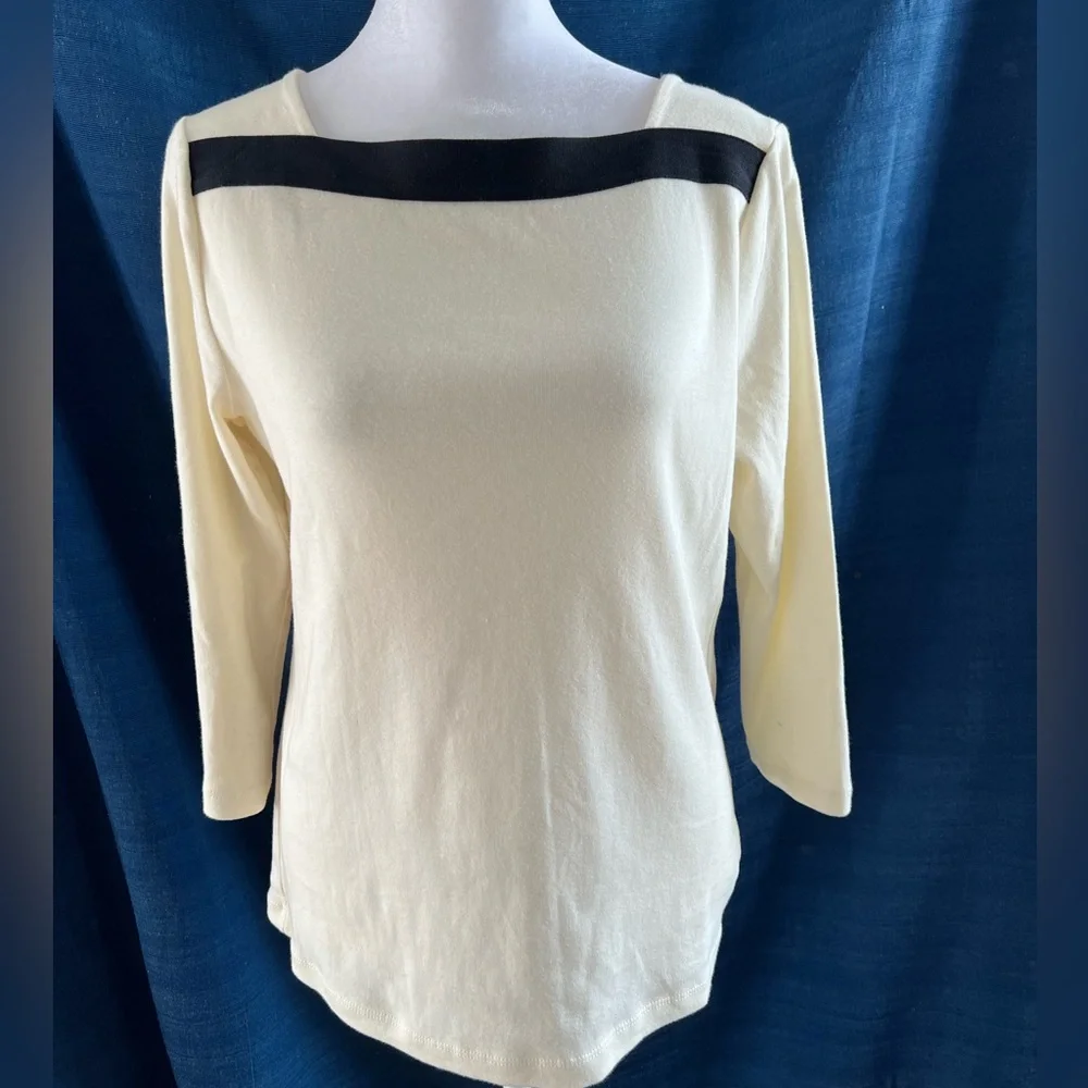 NWT Lauren Ralph Lauren | Cream 3/4 Sleeve Top Black Stripe Neckline Size Med - Picture 3 of 9